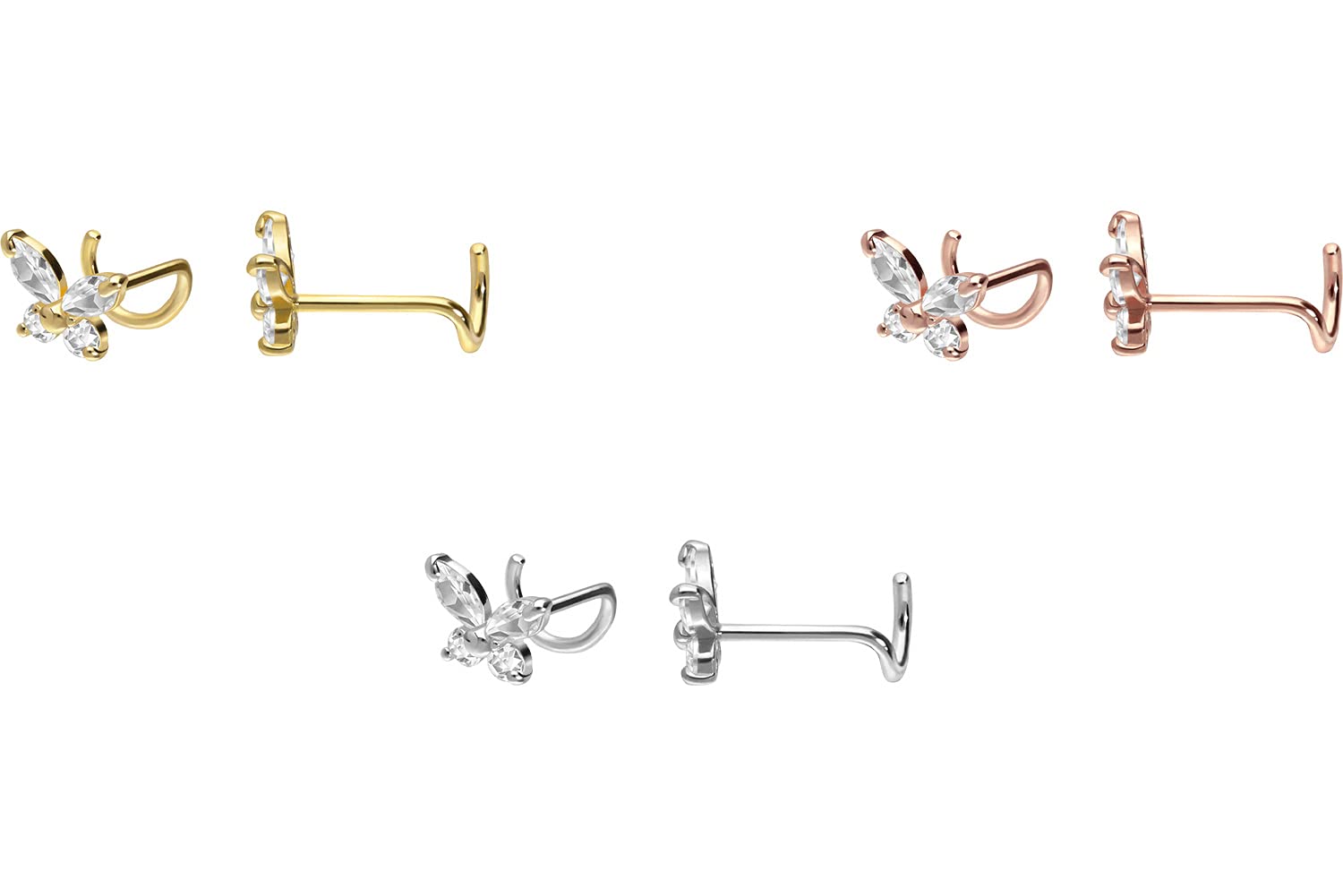 PIERCINGLINE 750er GOLD Nasenpiercing Spirale | 18 KARAT | SCHMETTERLING mit KRISTALL | Piercing Nase Stecker | Farbauswahl