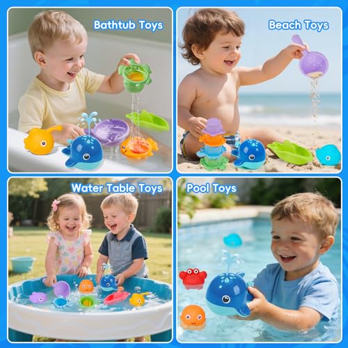 Baby Bath Toys for Kids Ages 1-3, 17PCS Mold-Free No Hole Bath Toys, Pool Water Table Toys, Toddler Bath Toy Set with Whale Sprayer, Boats & Stacking Cups, Easy Clean Bathtub Toys Girls Boys Gifts by AMCHSURI - Used condition - Image 7