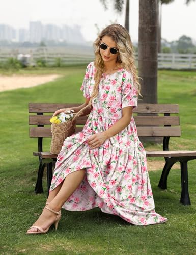 Image of YESNO Women Casual Loose Bohemian Floral Dress with Pockets Short Sleeve Long Maxi Summer Beach Swing Dress EJF