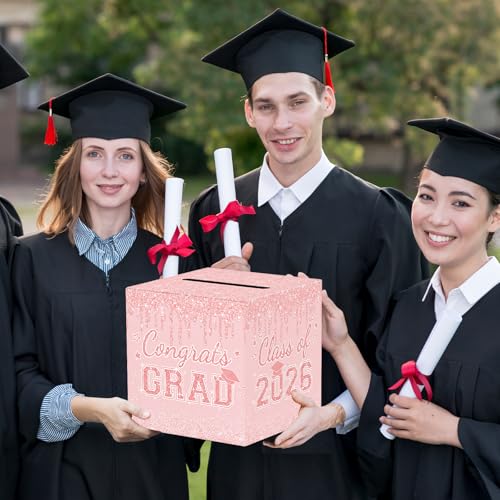 Image of Pink Graduation Congrats Card Box, 2026 Rose Gold Graduation Party Decorations Graduation Money Card Boxes Holder Graduation Gift Grad Parties 8.7 x 8.7 x 8.7 Inch