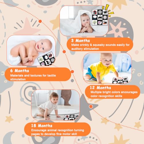 Image of SNOWIE SOFT 3Pcs Tummy Time Toys for Babies, Colored Baby Toys for 6 to 12 Months with 9-Grid Double-Sided Cartoon Printed Crinkle Fabric Handkerchief for Visual Sensory Development, Washable