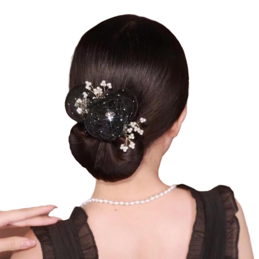 Hand Embroidered Flowers Deft Bun, Sheer Fabric Hair Bun