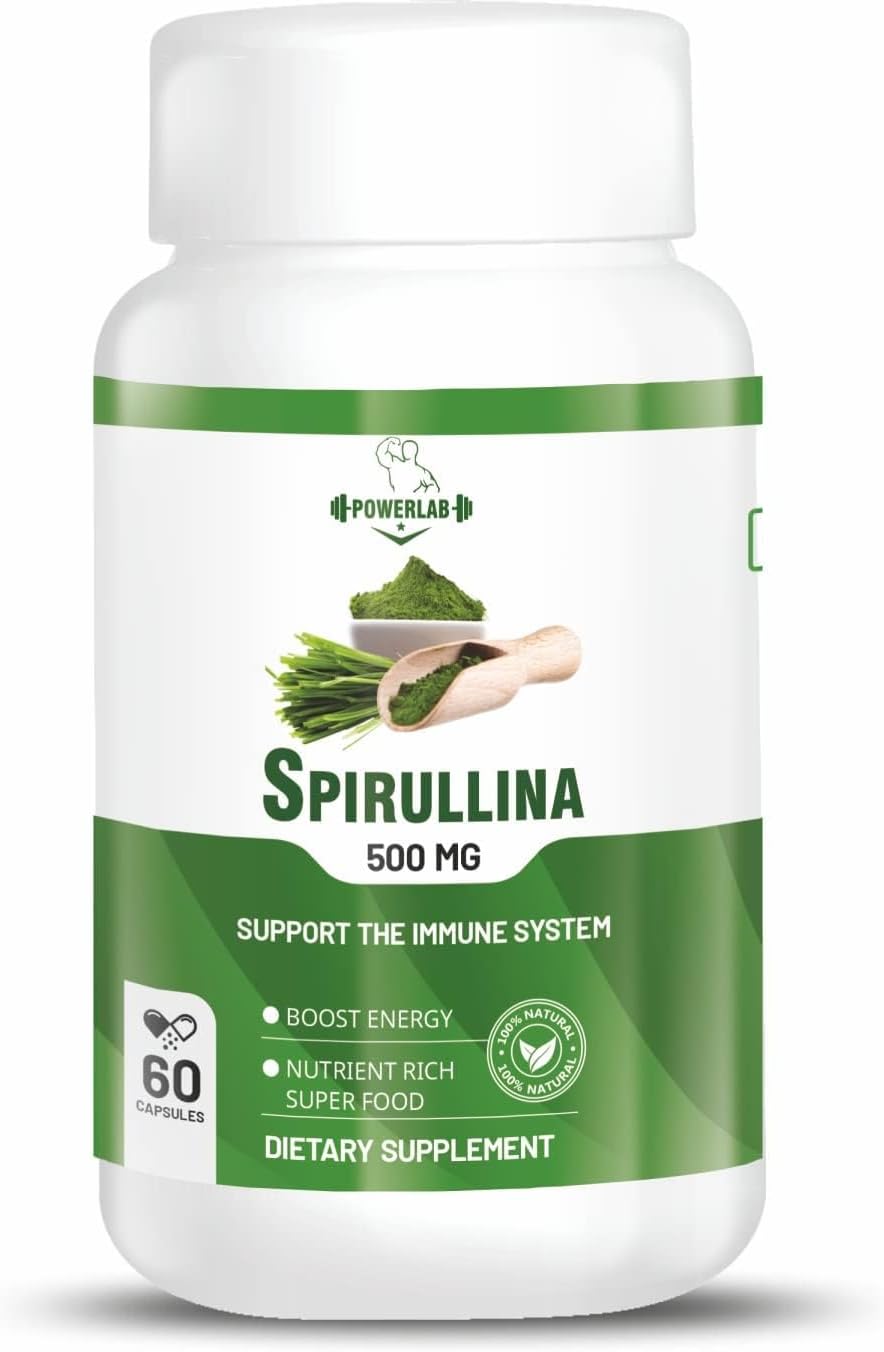 Power lab Spirullina 500mg green Food For Good Health Weight Management And Immunity Booster Helps In Healthy Heart Green Food60 vegetarian