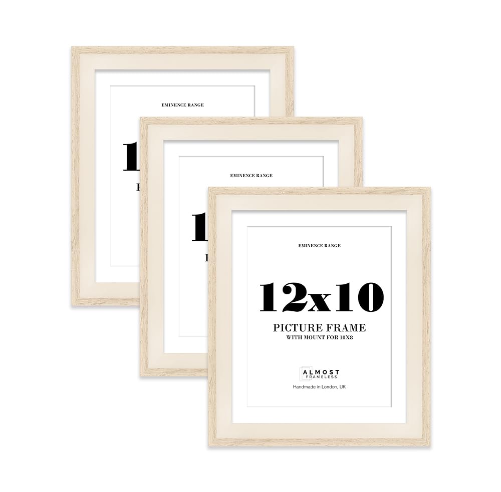 12x10" Oak Picture Frame with 10x8" Mount - Shabby Chic Photo Frame with Distressed Finish, Wall Hooks and Kickstand, 32mm Edge - 3 Pack