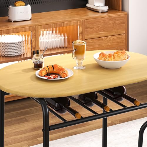 Image of VECELO 3 Piece Small Round Dining Table Set for Kitchen Breakfast Nook, Wood Grain Tabletop with Wine Storage Rack, Save Space, Natural & Black