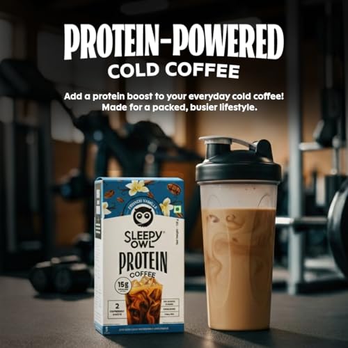 Image of Sleepy Owl French Vanilla Protein Coffee Powder, 15g Whey Protein & 2 Shots Espresso per Sachet, Less than 97 Cal, No Added Sugar, Real Cold Coffee, Light & Easy to Digest, Pack of 5 Sachets (5N x 25g)