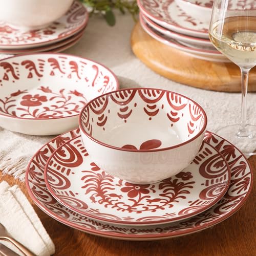 Image of Bloomhouse - 2-Time Oprah's Favorite Things - Valencia Flor 16 Piece Dinnerware Set, Artisanal Decorated Stoneware Plates & Bowls, Service for 4, Microwave & Dishwasher Safe, Pomegranate Red