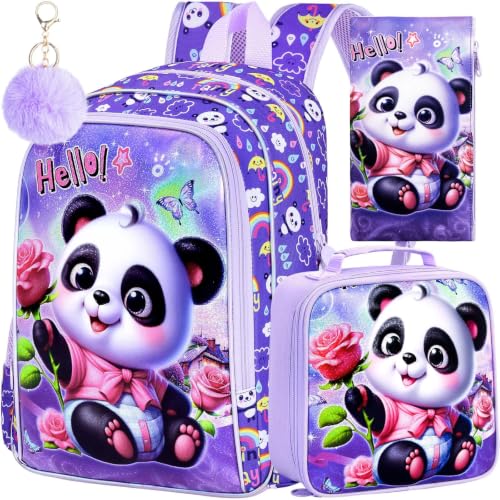 Image of AGSDON 3PCS Kids Backpack for Girls, 16 inch Kid Backpacks Panda Preschool for Elementary, Water Resistant Bookbag with Lunch Box