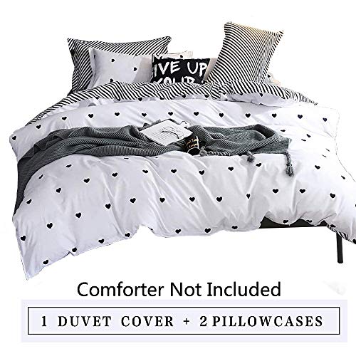Image of Omelas Kids Heart Love Twin Duvet Cover Set Black and White Teens Girls Lovely Heart-Shaped Pattern Striped Reversible Bedding Soft Breathable Quality Brushed Microfiber (3 Pcs,XD,T)