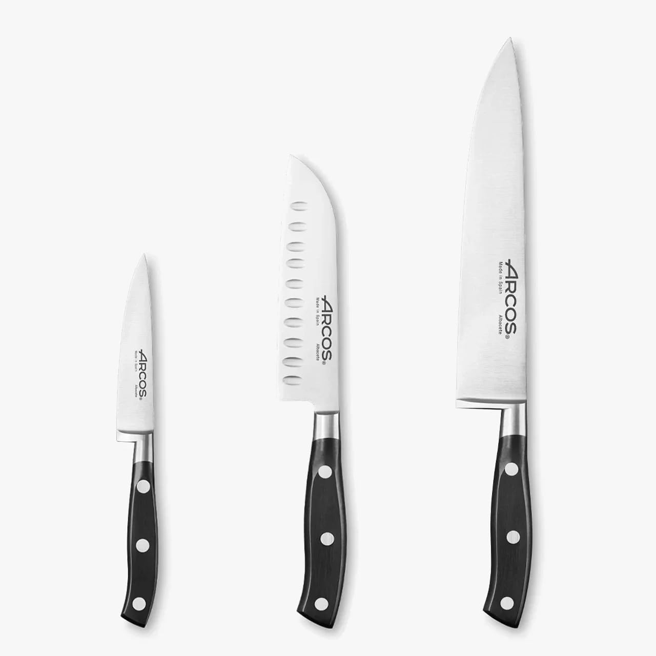 Arcos Set Cuchillos Forjados 3 piezas en Acero Inoxidable Nitrum y Hoja mm. 729 gr. Pequeño y ligero. Mango ergonómico Polioximetileno POM. Serie Riviera. Hoja delgada con filouave. Color negro.