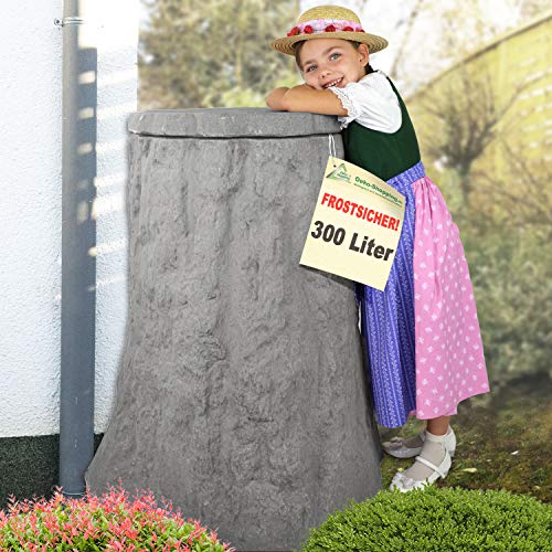 Winter-Sonderpreis: REGENTONNE REGENFASS Baum 300l - FROSTSICHERES, LANGLEBIGES Regenfass mit stabilem Deckel und Wasserhahn (Grau)