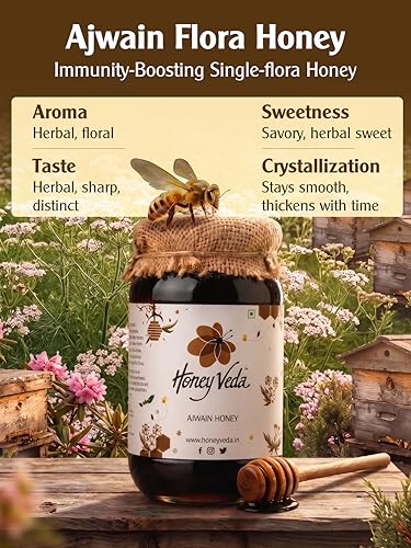 Image of HoneyVeda Ajwain Raw Honey (150g) | 100% Natural Honey | Raw Unprocessed & Unpasteurized Single Flora Indian Nectar for Immunity, Cold & Cough Relief, & Metabolism Support (Pack of 1)