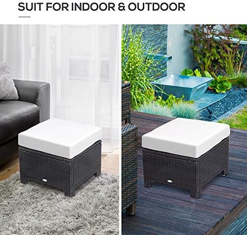 Outsunny Rattan Footstool Wicker Ottoman with Padded Seat Cushion Outdoor Patio Furniture for Backyard Garden Poolside Living Room 50 x 50 x 35 cm Black