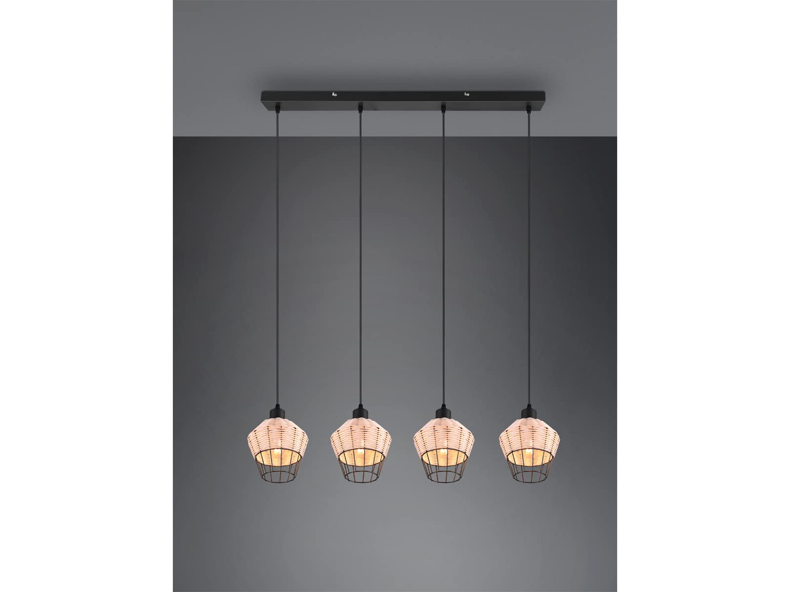 Lampa wisząca LED, czarna, rattanowa, naturalna, 4 źródła światła