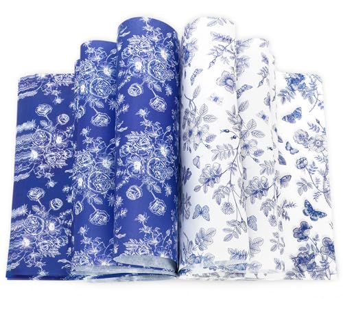 FYSUIMU 100Pcs Floral Wax Paper Blue White Chinoiserie Flower Butterfly Sandwich Wrapping Paper Vintage Deli Wrap Tissue Waterproof Oil-Proof Picnic Liner for Party Kitchen Supplies, 9.8 x 8.3 Inch