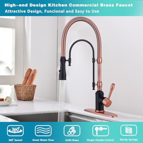 Image of Classical Commercial Copper Kitchen Faucet, Single Handle Spring High Arc with 360 Swivel Pull Down Spray, Finish & Deck Plate for Farmhouse Sink, Black+Red Copper