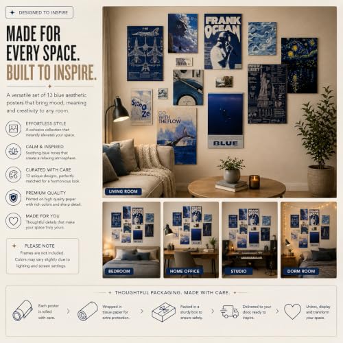 Image of 12 Piece Blue Aesthetic Poster Set | 300 GSM Multi-Sized Wall Posters with Adhesive Tape | Music, Ocean, Space & Vintage Art Prints for Bedroom, Room Decor, Home Decor, Living Room & Wall Art