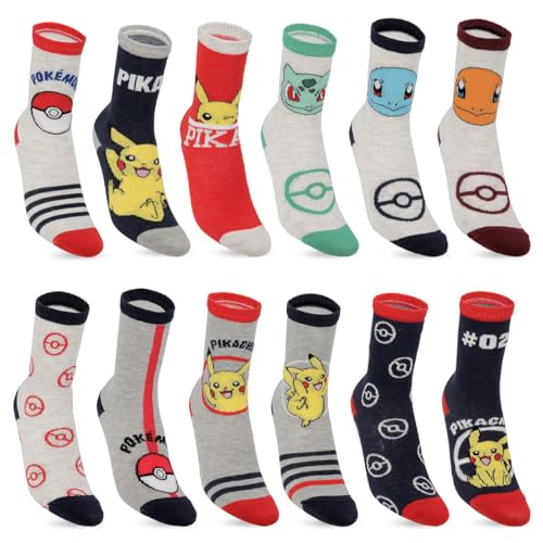 Pokemon Chaussette Enfant Coton - Lot de 12 Paires - Chaussettes Garçon Confortables et Douces, Multicolore, Taille 31/34, Jaune, (11336_55783)