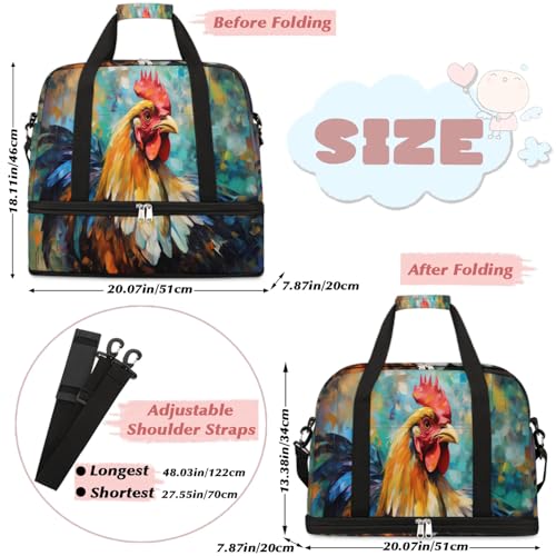 Travel Duffel Bags Colorful Watercolor Rooster Foldable Weekender Bags for Women with Shoes Compartment Waterproof & Tear Resistant Carry on Overnight Luggage Duffel Bag Shoulder Sports Tote Bag,B-392