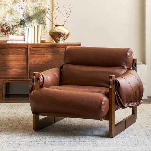 Sillón con estructura de madera y tapizado marrón miniatura 1