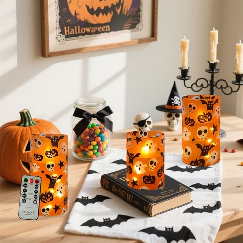 Image of Halloween Flameless Candles with String Lights - Set of 3 Ghost Battery Operated Candle Flickering Floral LED Pillar Candles with Timer Remote for Home Decor Romantic Ambiance