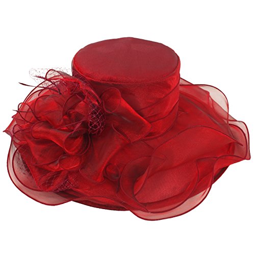 Janey&Rubbins Women's Organza Lightweight Saturday Horse Racing Derby Day Wide Brim Church Hat (Red)