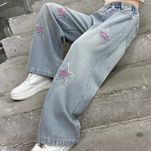 Girls Star Print Baggy Jeans 𝐘2K Elastic High Waist Pants Youth Wide Leg Straight Loose Denim Trousers with Pokets2