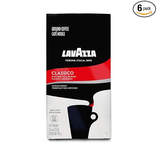 Lavazza Classico Ground Coffee Blend, Medium Roast, Premium Coffee, 100% Arabic, Value Pack, Non GMO, 20 Ounce (Pack of 6)