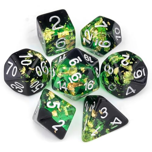 Haxtec DND Dice Set 7PCS Polyhedral D&D Dice for Roleplaying Games, Green Black Gold Foil Resin Dice with Velvet Pouch for Dungeons and Dragons, Great DND Gift for Gamers & DM Masters