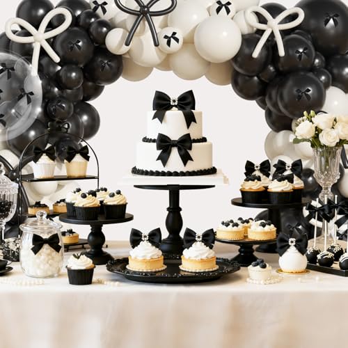 Image of Black and White Sand Balloons Arch Garland Kit,JOGAMS 199Pcs Black Bow Party Decorations with 260 Clear Black Ribbon for Bow Coquette Birthday Decorations Bachelor Baby Shower Bridal Shower
