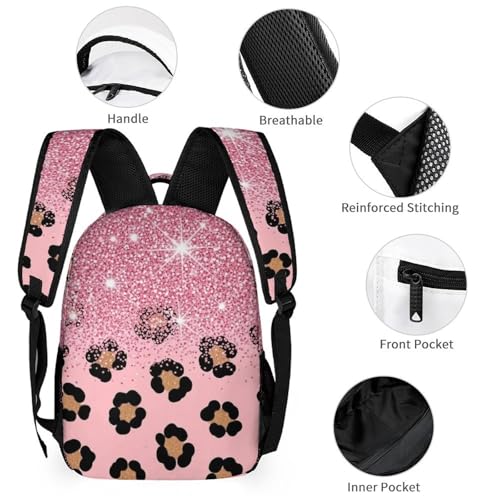 Backpack with Lunch Box & Cosmetic Bag Set Pink Glitter Sparkles Cheetah Leopard Print Bookbag Daypack Set Backpack with Lunch Bag Storage Bags3