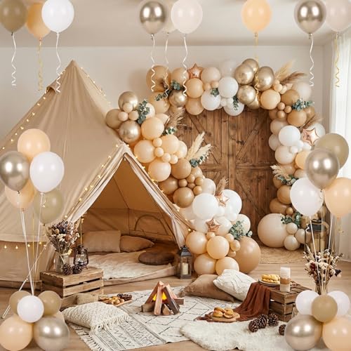 Image of RUBFAC Beige and Champagne Balloons, 65pcs White and Brown Boho Gold Party Balloon for Neutral Birthday Bridal Baby Shower Wedding Party Decorations