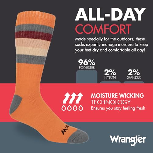 Wrangler 3 Pack Cushioned Arch Support Men's Crew Socks - Striped Outdoor Socks for Hiking & Work - Size 6-123
