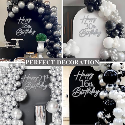 Image of Happy Birthday with 0-9 Numbers Sign for Backdrop - Glitter Felt Custom Age Happy Birthday Decal for Balloon Arch Birthday Decorations Baby Shower - Silver