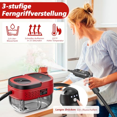 Dampfreiniger Handgerät, 2500W Handdampfreiniger mit 1,6-Liter-Wassertank, Dampfabgabe vom Handgriff aus, Steam Cleaner für Alles, Fenster, Autos (Rot)