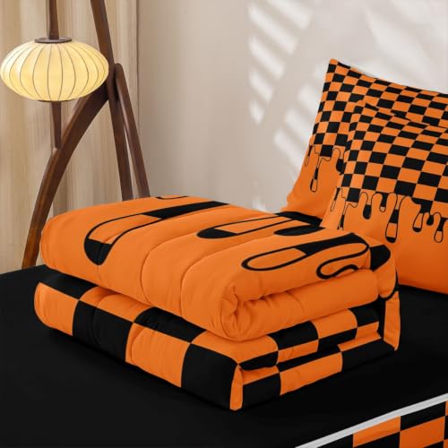 Image of Black and Orange Checkered Zipper Bedding Full Size Checkerboard Drip Gingham Grid Zip Up Bedding Set for Teens Adults, Y2K Modern Geometric Plaid Bed in a Bag Halloween Comforter with Fitted Sheet