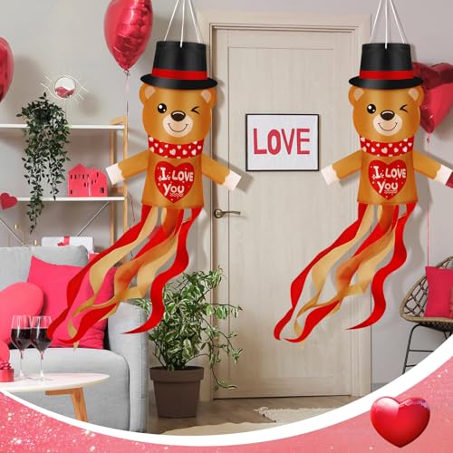 2 Pcs 40\'\' Valentine\'s Day Windsock Hearts Windsock Flag Valentines Day Bear Outdoor Decorations Outdoor Hanging Windsocks for Wedding Anniversary Party Porch Outdoor Home Decoration