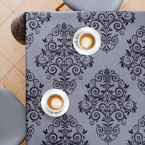 KP HOME Luxury Dark Grey PVC Table Cloth Wipe Clean Tablecloth With Black Oriental Baroque Oilcloth Tablecloth - 200 x 140 cm - 6 seat Table Cloth Embossed Thick Vinyl Table Cloth Plastic Table Cloth