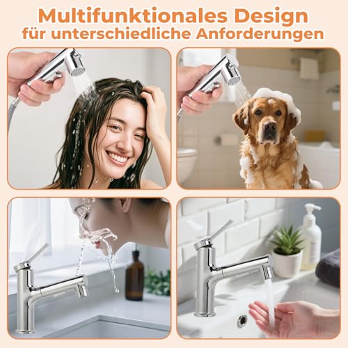Waschbeckenhahn Wasserhahn mit Auszugsprühgerät, Eingriffsbeckenmischungshahn für Heißes und Kaltes Wasser, Toilette Down Waschbecken Wasserhahn mit Rotierender Ausstrahlung