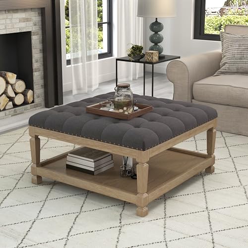Dolamy Ottoman Coffee Table,Square Wooden Upholstered Tufted Ottoman Foot Rest with Storage, Padded Linen Coffee Tables for Farmhouse Lliving Room (Dark Grey)
