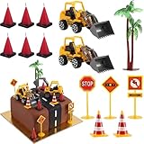 BBTO 6-Count Cone-Shaped Molded Candles, 2 Pieces Construction Decors, 1 Piece Palm Tree with Coconut and 5 Pieces Barricade Set for Birthday Cake Decorations Toppers