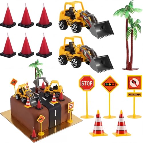 BBTO 14 Pcs Construction Party Decoration Supplies Set Include 6 Count Cone Shaped Molded Candles, 2 Construction Truck Decors, 1 Palm Tree with Coconut and 5 Barricade Set for Birthday Cake Toppers