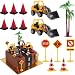 BBTO 6-Count Cone-Shaped Molded Candles, 2 Pieces Construction Decors, 1 Piece Palm Tree with Coconut and 5 Pieces Barricade Set for Birthday Cake Decorations Toppers