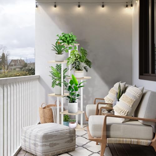 YOCOMEY 6-Tier Hölzern Blumenregal Pflanzenregal, Mehrstöckig Blumenständer Pflanzenständer Blumenbank Blumentreppe Pflanzentreppe Standregal für Innen Garten Balkon Deko(Weiß Eiche)