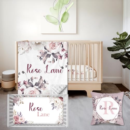 Personalized 3 Piece Baby Crib Bedding Set for Girls, Newborn Baby Toddler Nursery Flower Set with Blanket, Fitted Sheet, Pillowcase, Custom Name Gifts for Girls