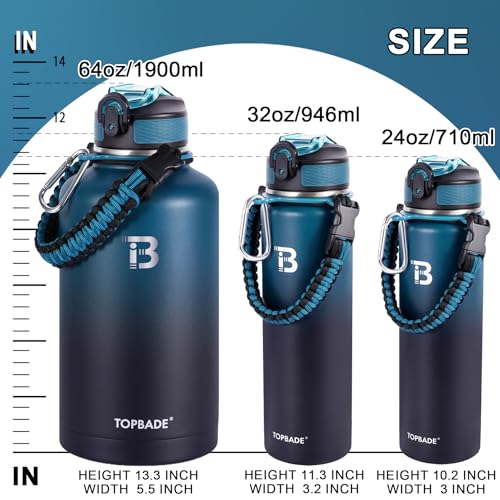Image of TOPBADE 32oz Insulated Water Bottle with Straw Lid & Spout Lid & Paracord Handle, Stainless Steel Water Bottle Wide Mouth, Double Wall for Women Men Gym Fitness Outdoor