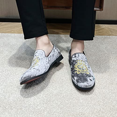 Image of FLQL Men's Luxury Velvet Penny Loafers Shoes Embroidery Suede Dress Loafers Daily Boats Shoes for Party Wedding Prom Size 7-13