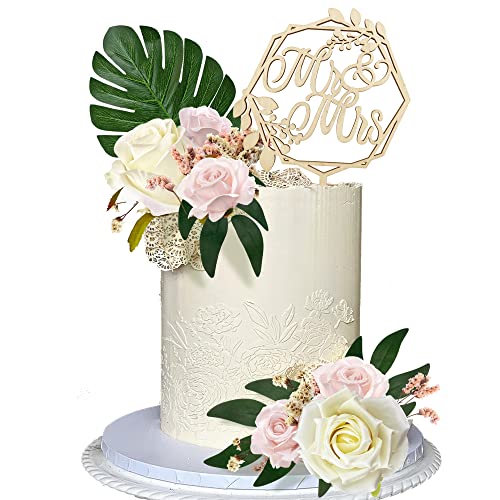 12Pcs Mr & Mrs Cake Topper Wood Wedding Cake Decorations Flower Cake Topper For Engagement Anniversary Birthday Party Supplies #TOP22