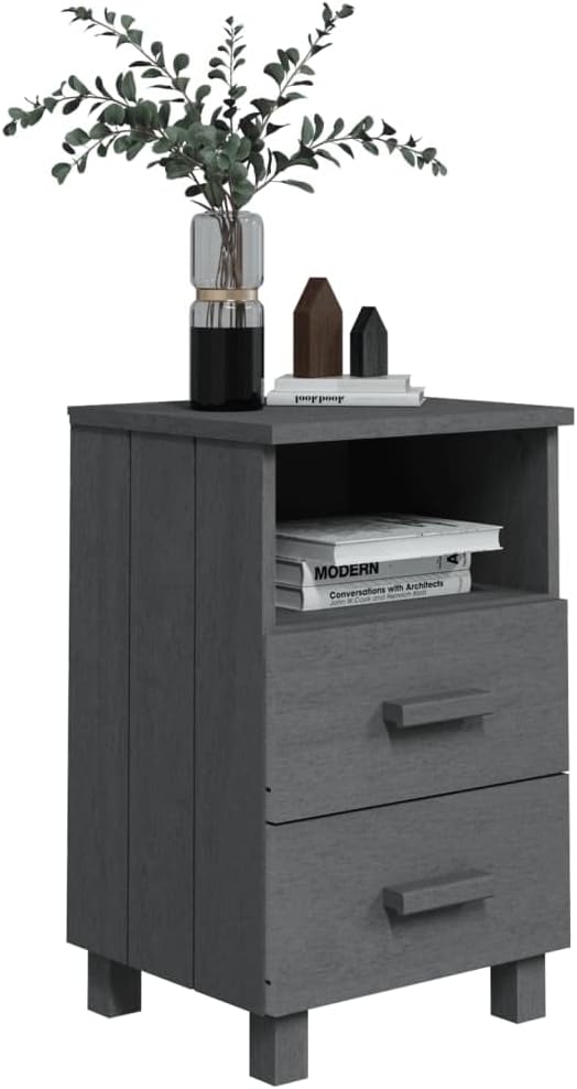 vidaXL Nightstand, Bedside Table with Open Compartment, Nightstand with 2 Drawers, Bedside Storage Cabinet for Bedroom, Dark Gray Solid Wood Pine