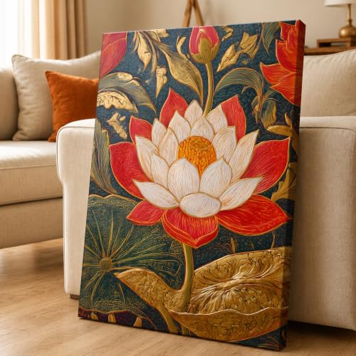Image of PAINTINGMANTRA Traditional Indian Textured Embossed Lotus Canvas Wall Art Painting for wall decoration, Red & Gold Blooming Lotus Motifs Stretched Canvas Painting for living room, bedroom, Home and office, 16x22 Inch